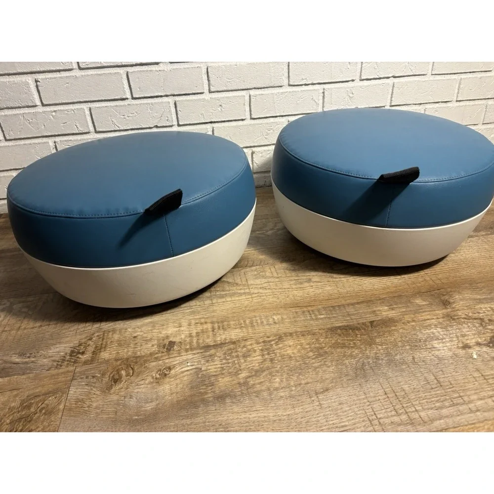 Matching Pair of Steelcase Brody Ottomans – Turquoise Blue & White